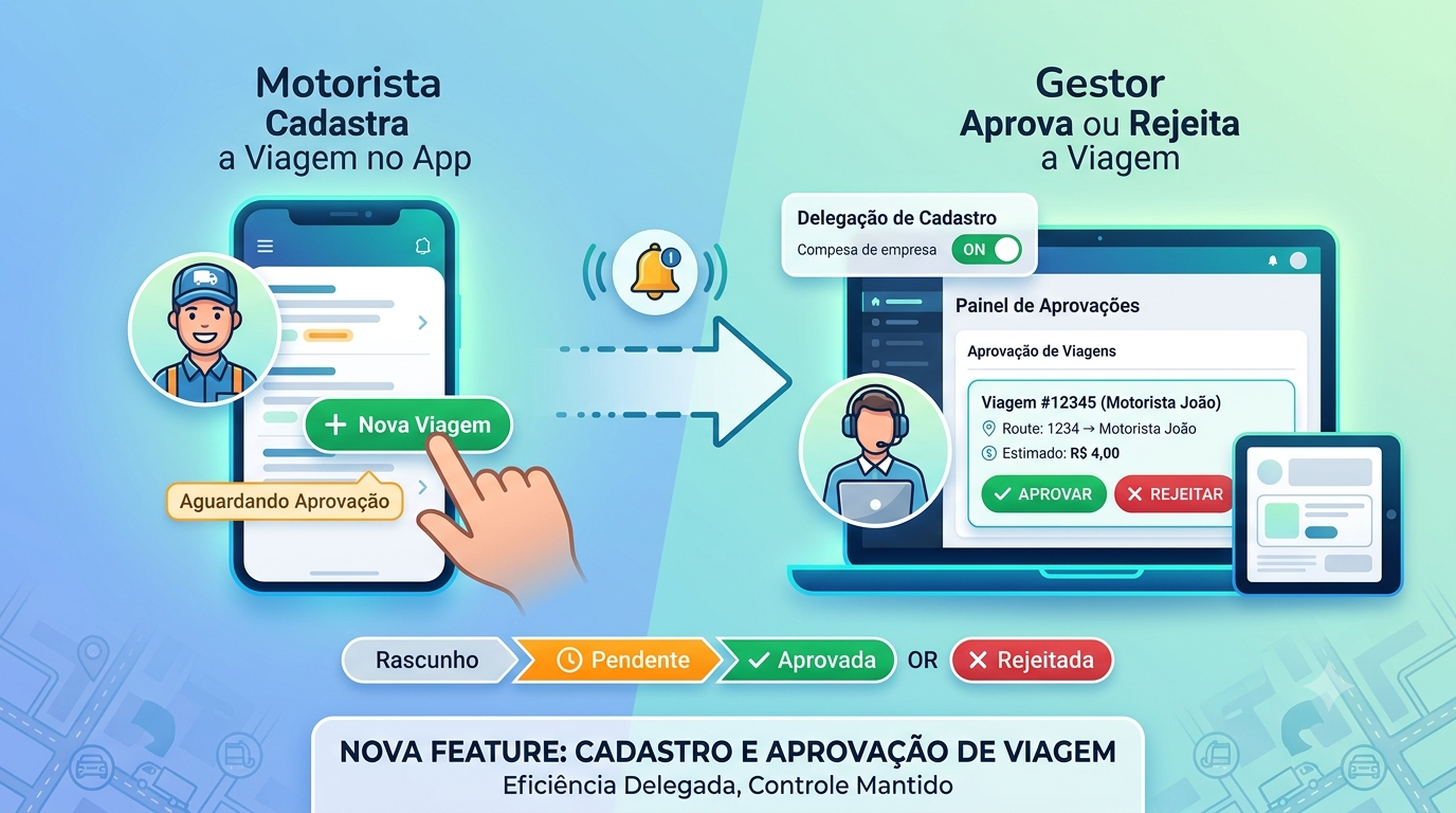 Infográfico: motorista cadastra a viagem no app e o gestor aprova ou rejeita, com o fluxo Rascunho, Pendente, Aprovada ou Rejeitada