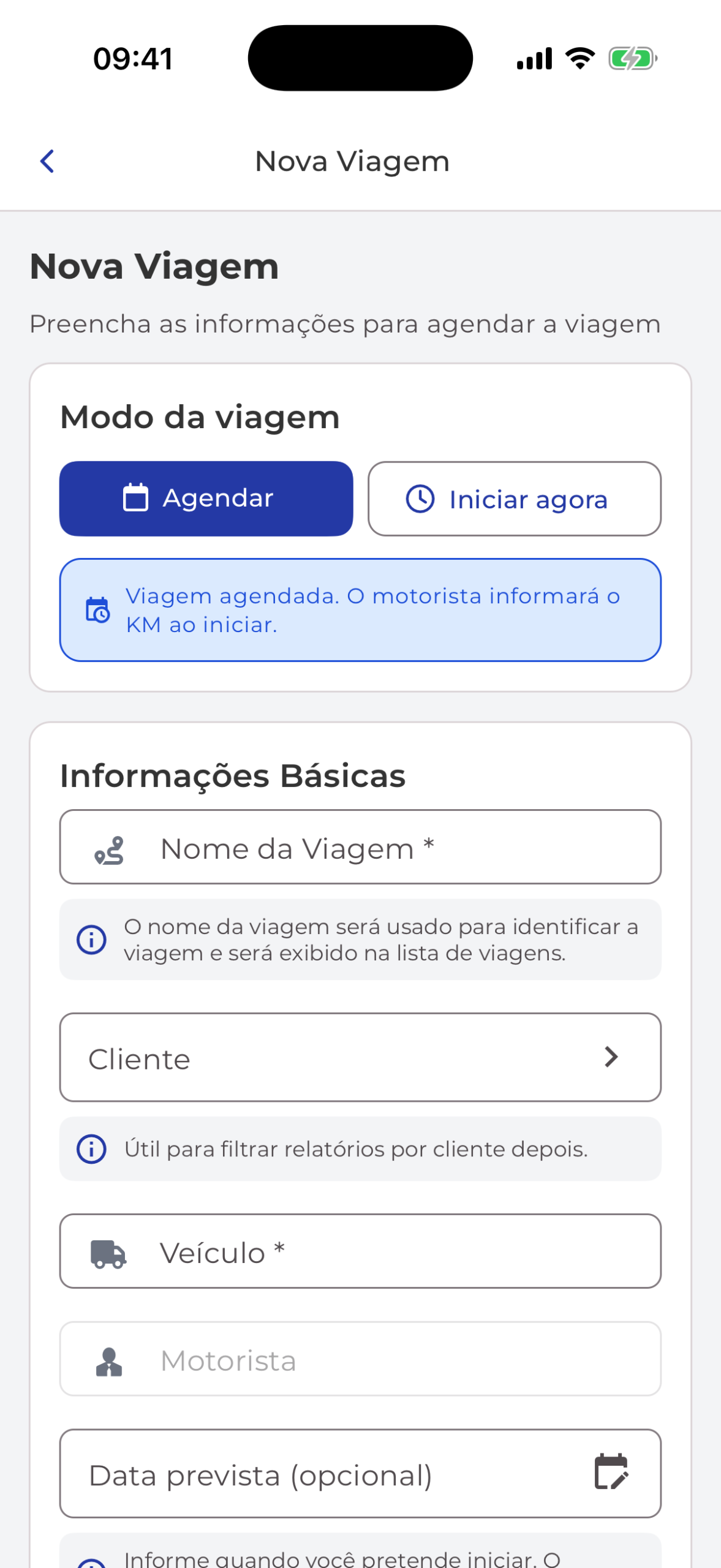 Tela Nova Viagem do app TruckPro no modo Agendar, com o banner Viagem agendada e o campo Data prevista opcional