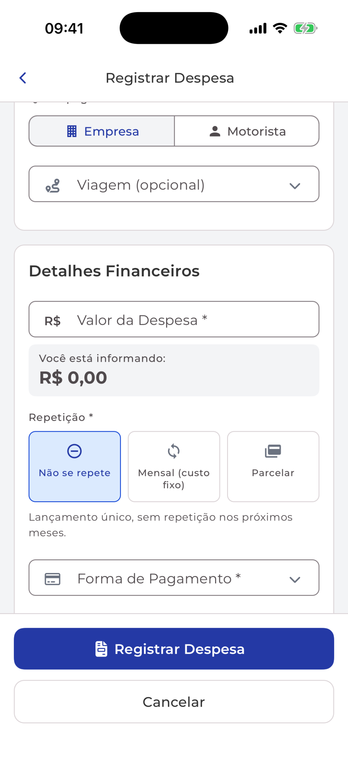 Formulário de despesa do TruckPro no celular, com o campo Repetição e as opções Não se repete, Mensal (custo fixo) e Parcelar